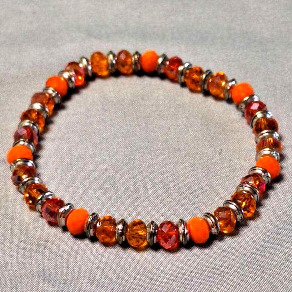 Boho Orange Faceted Crystal & Silver Beaded Stretch Bracelet